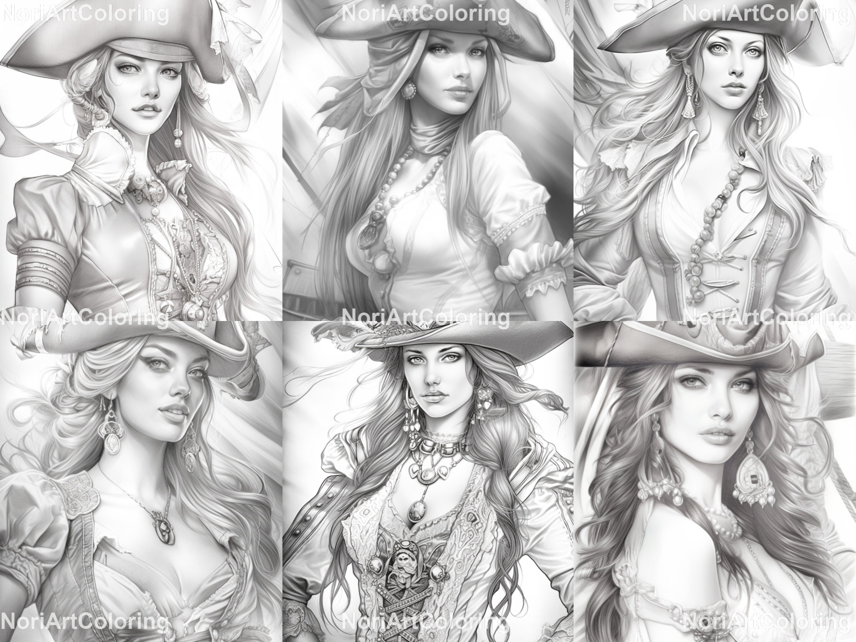 Elegant pirate women set printable adult coloring pages download grayscale illustration
