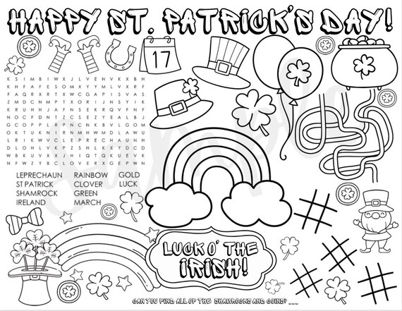 Instant download saint patricks day printable coloring page st patricks day activity sheet placemat st pats party favor