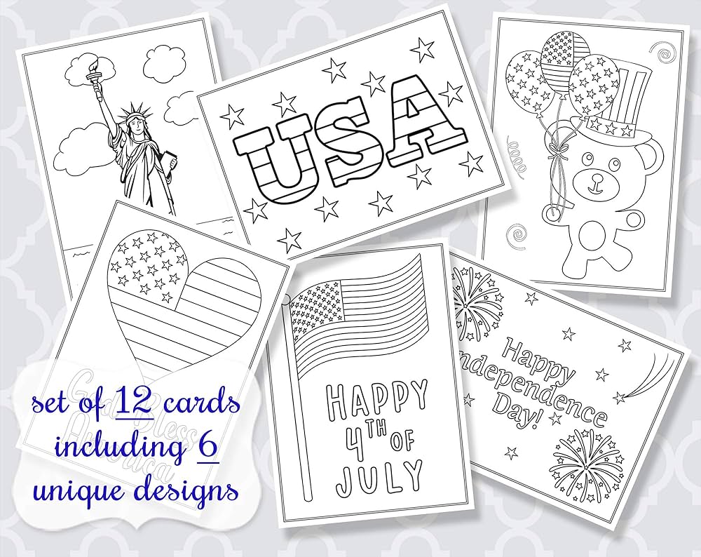 Independence day coloring rds greetings th fourth of july color pages rds patriotic god bless ameri liberty statue fireworks kids diy crafts grandchildren printed assortment pack flat rds count