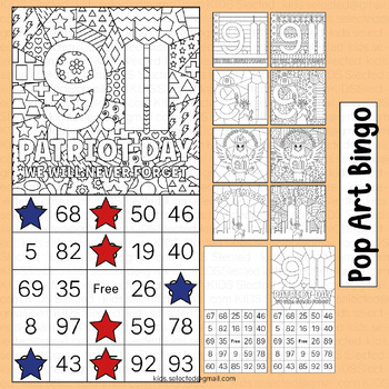 Patriot day activities bingo pop art september coloring page craft game cards