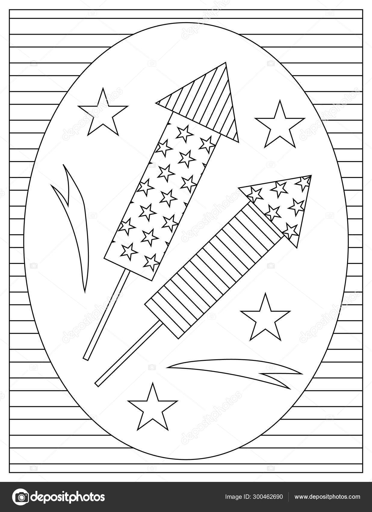 American patriotic coloring page firecrackers fireworks oval frame striped background stock vector by lenakrivosheeva