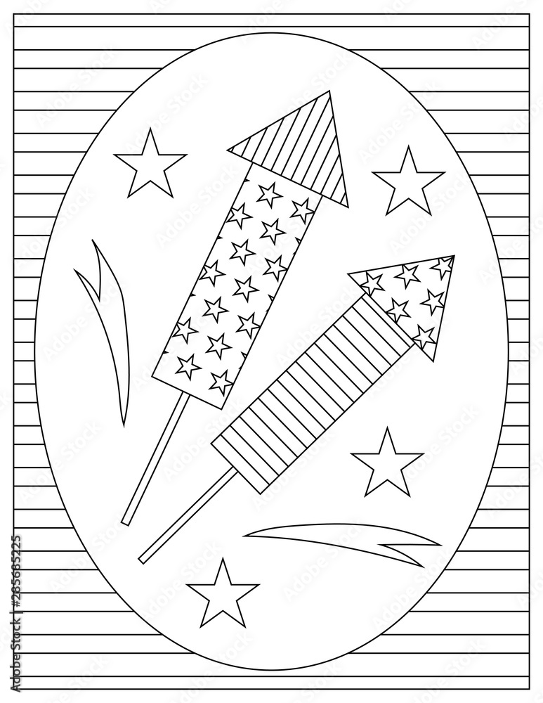 American patriotic coloring page firecrackers and fireworks in oval frame on striped background vector