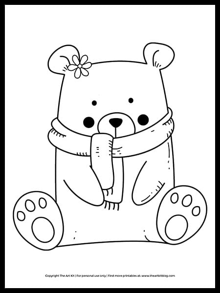 Free winter bear coloring page cute printable â the art kit