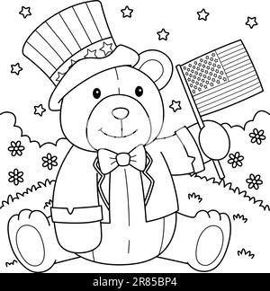 Luglio teddy bear us flag isolated coloring immagine e vettoriale