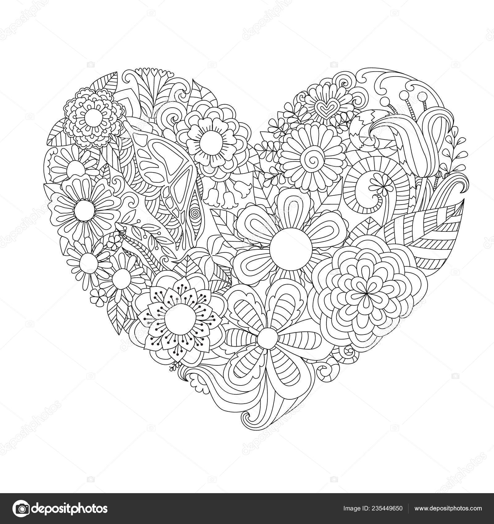 Flores hojas forma corazãn para imprimir libro para colorear para vector de stock por somjaicindygmail