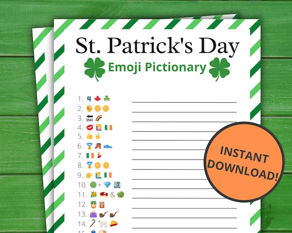 St patricks day emoji pictionary st patricks party games st pattys activity for kids and adults virtual and printable party games instant download