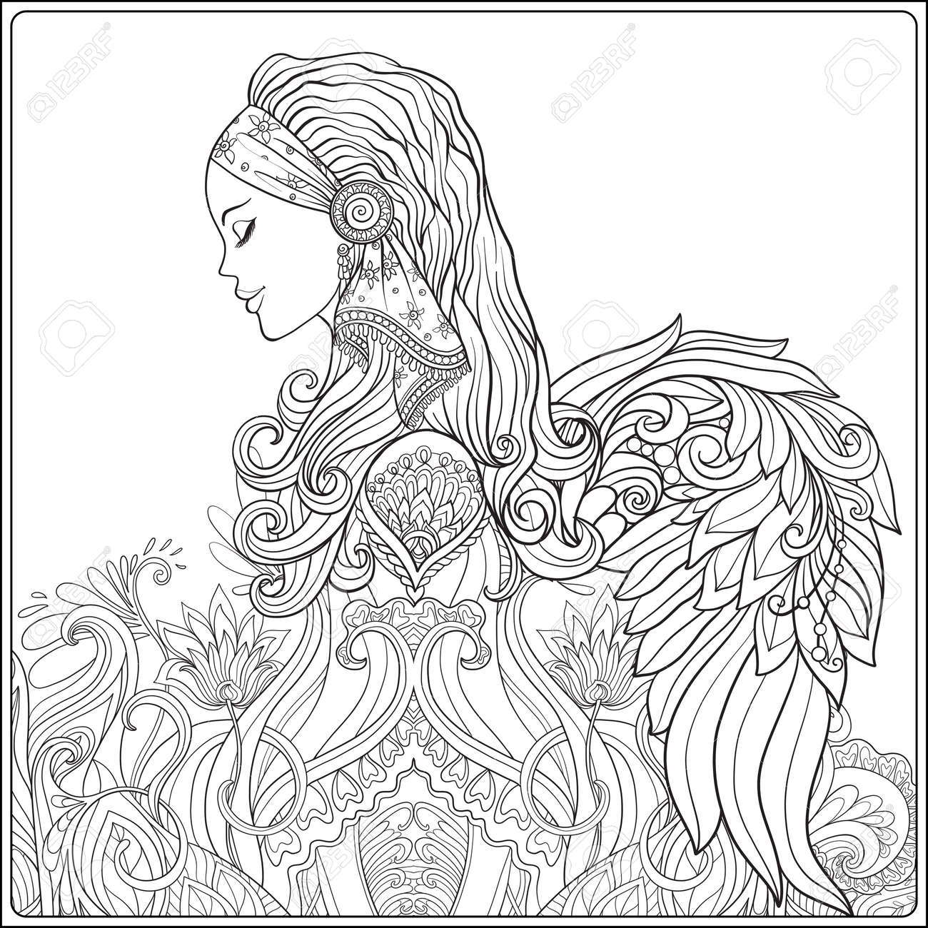 Young woman with long hair in medieval costume with angel wings on decorative pattern background portrait in profile the decorative style stock line vector illustration coloring book for adult outline drawing coloring