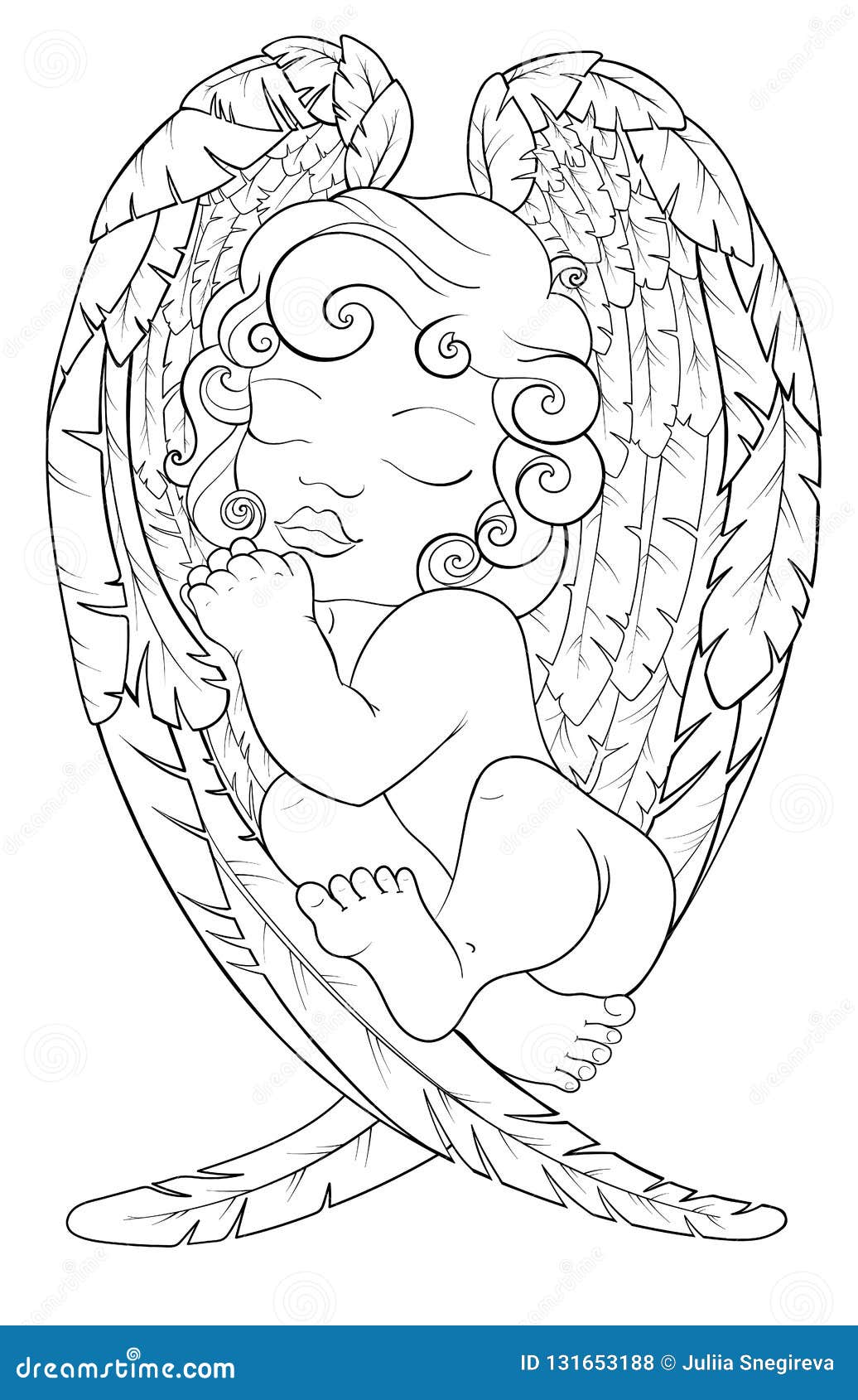 Coloring page for adult kids coloring book notebook with sleeping baby angel on his wings christmas boy black and white stock vector