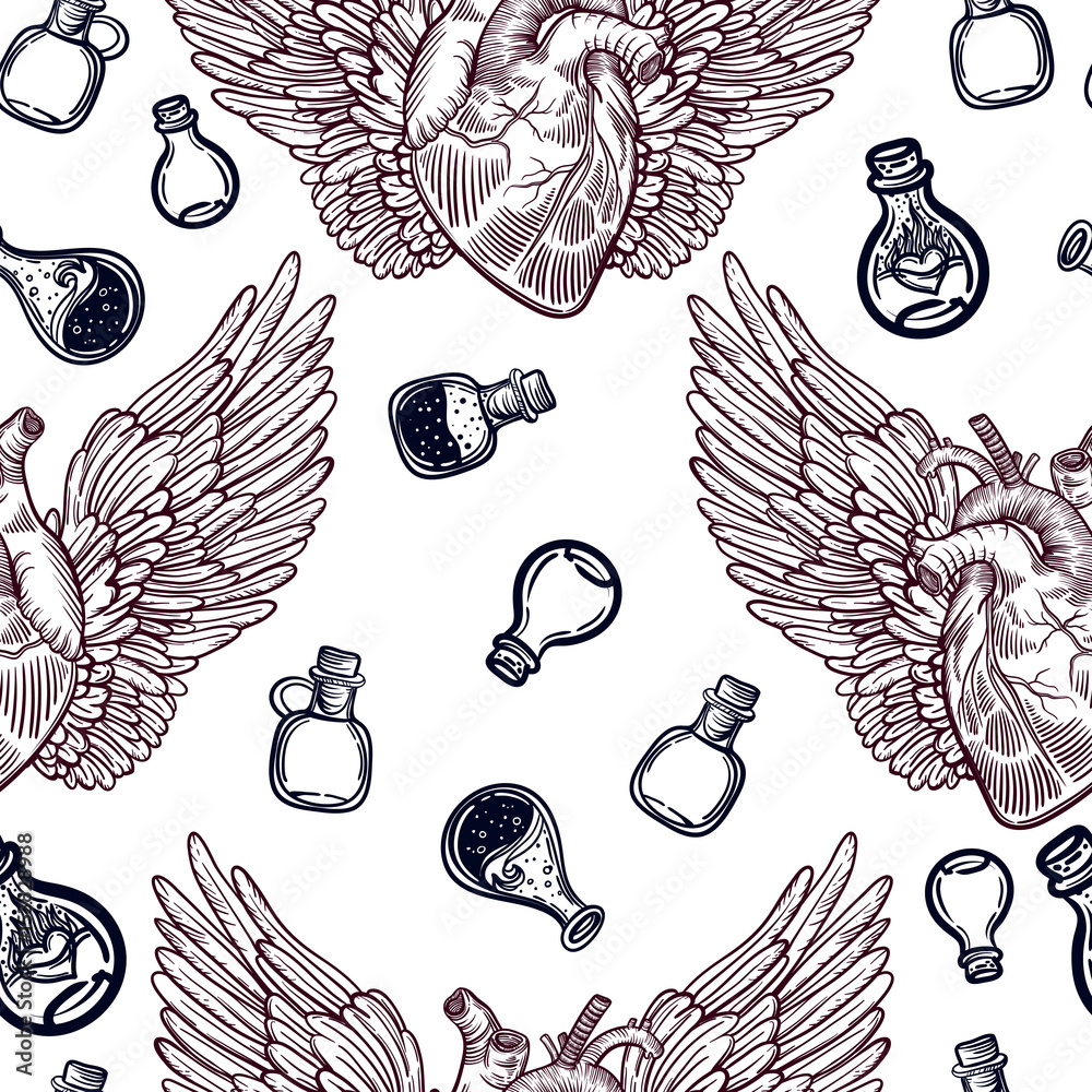 Seamless pattern with angel wings heart and chemical test tubes vintage print sketch for tattoo hipster t