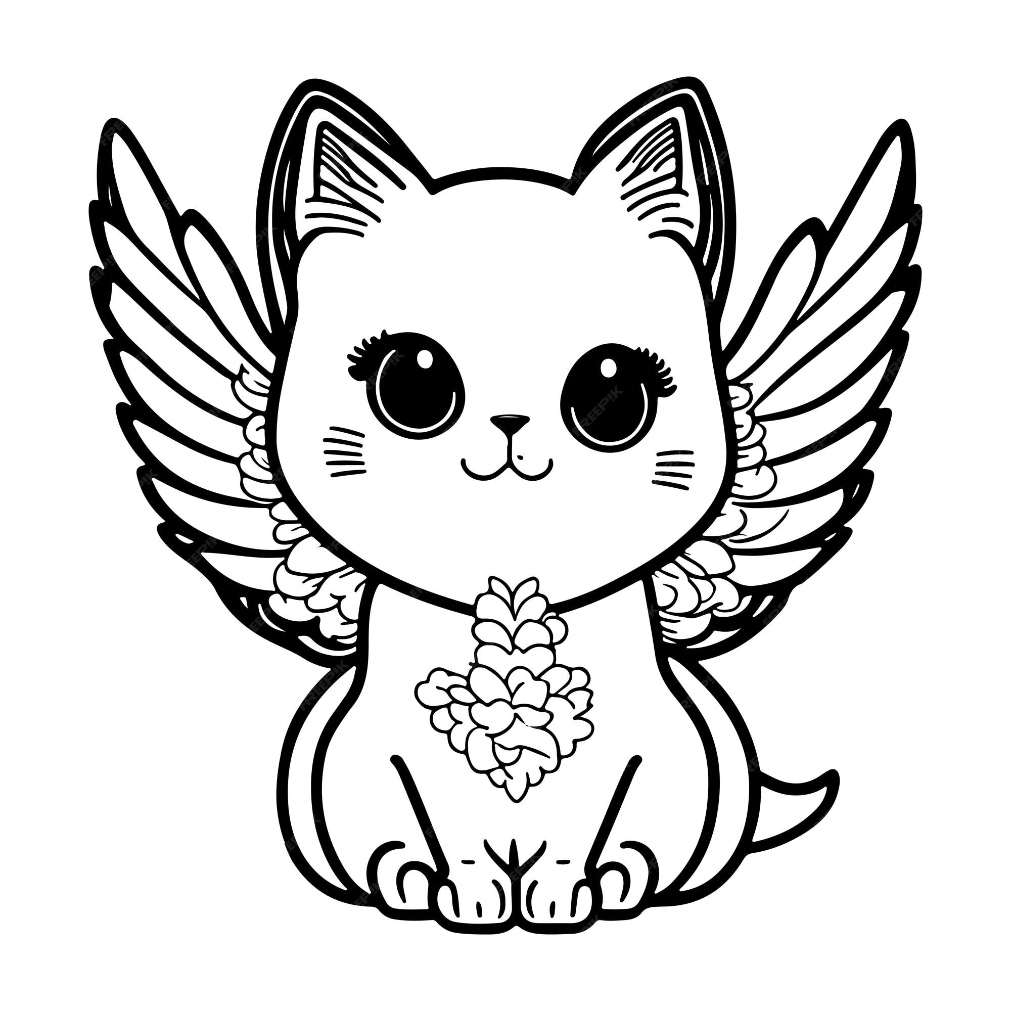 Premium vector cute cat angel cartoon vector outline cat with angel wings vector