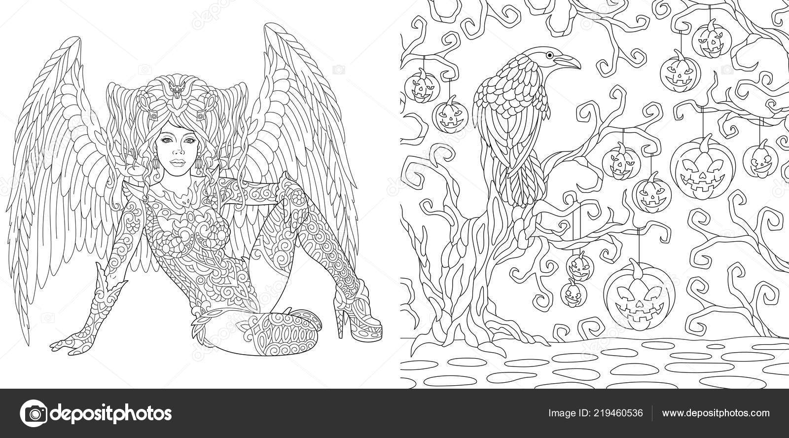 Halloween coloring pages coloring book adults angel girl wings horror stock vector by sybirko