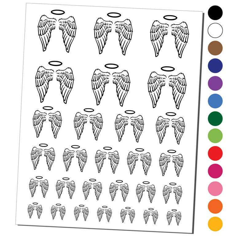 Folded angel wings with halo feathers water resistant temporary tattoo set fake body art collection