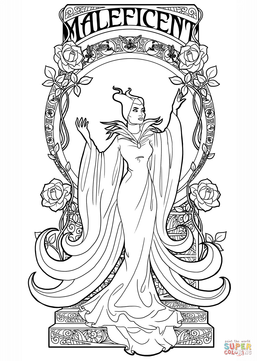 Art nouveau maleficent coloring page free printable coloring pages