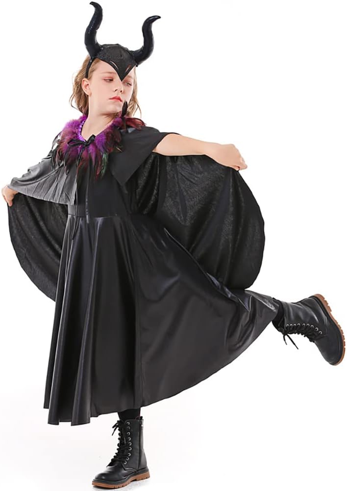 Odizli maleficent stume kids girls halloween evil queen fancy dress up handmade knitted tulle princess dress horns wing carnival party world book day witch devil splay black