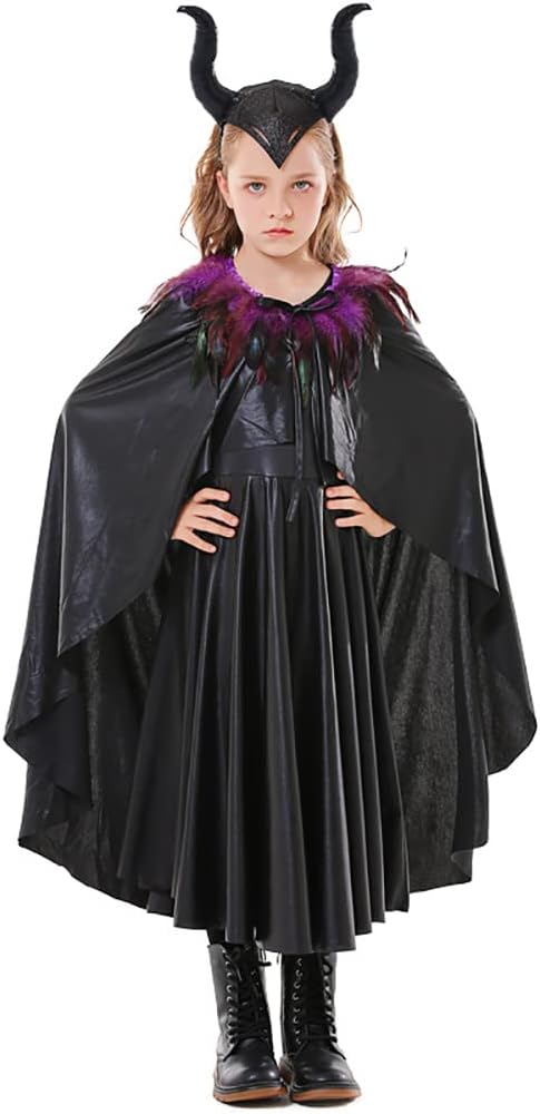 Odizli maleficent stume kids girls halloween evil queen fancy dress up handmade knitted tulle princess dress horns wing carnival party world book day witch devil splay black