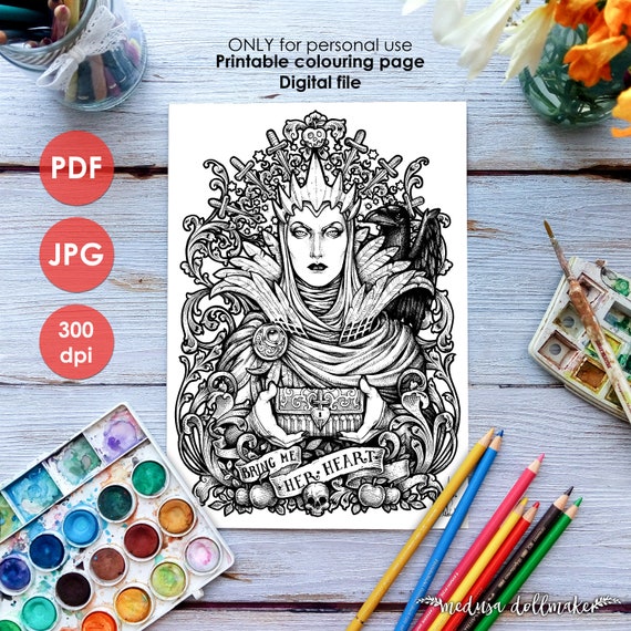 Evil queen colouring page printable jpg coloring adults children art nouveau lineart halloween witch drawing painting medusa dollmaker instant download