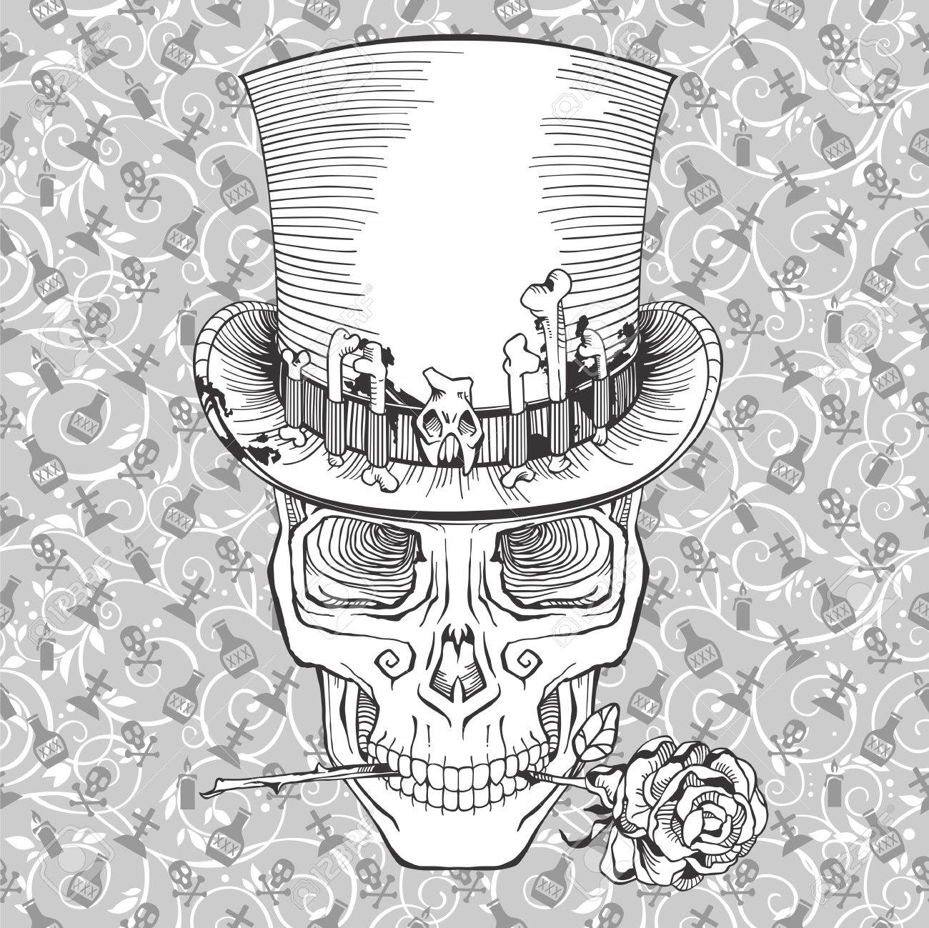 Human skull in a top hat with a rose baron samedi royalty free svg cliparts vectors and stock illustration image