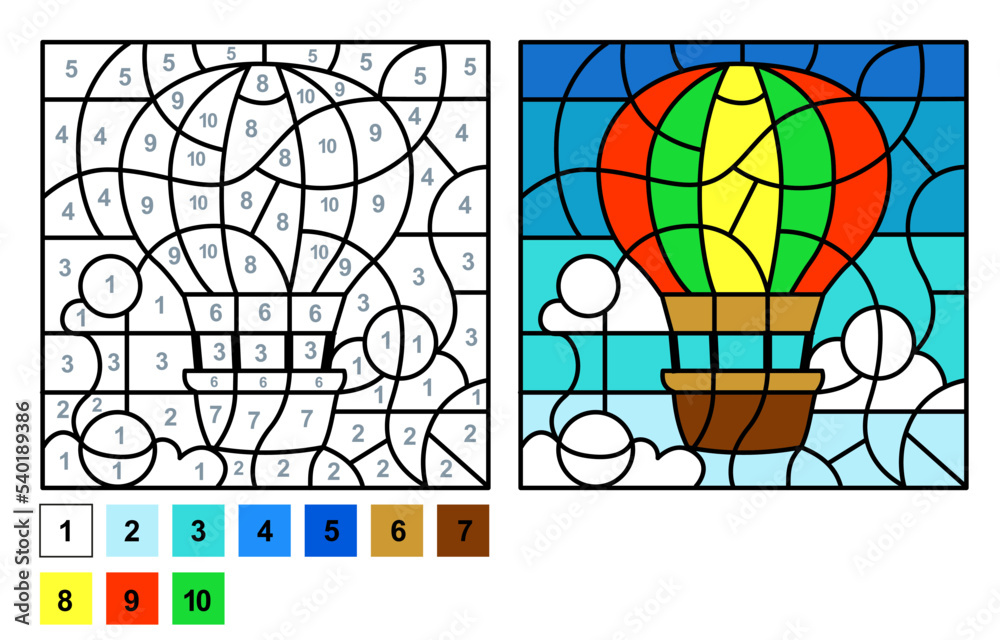 Vector coloring page for children education and activities puzzle game color by number hot air balloon vector