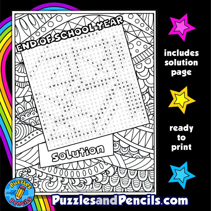 End of school year word search puzzle activity page with coloring last day of school wordsearch made by teachers