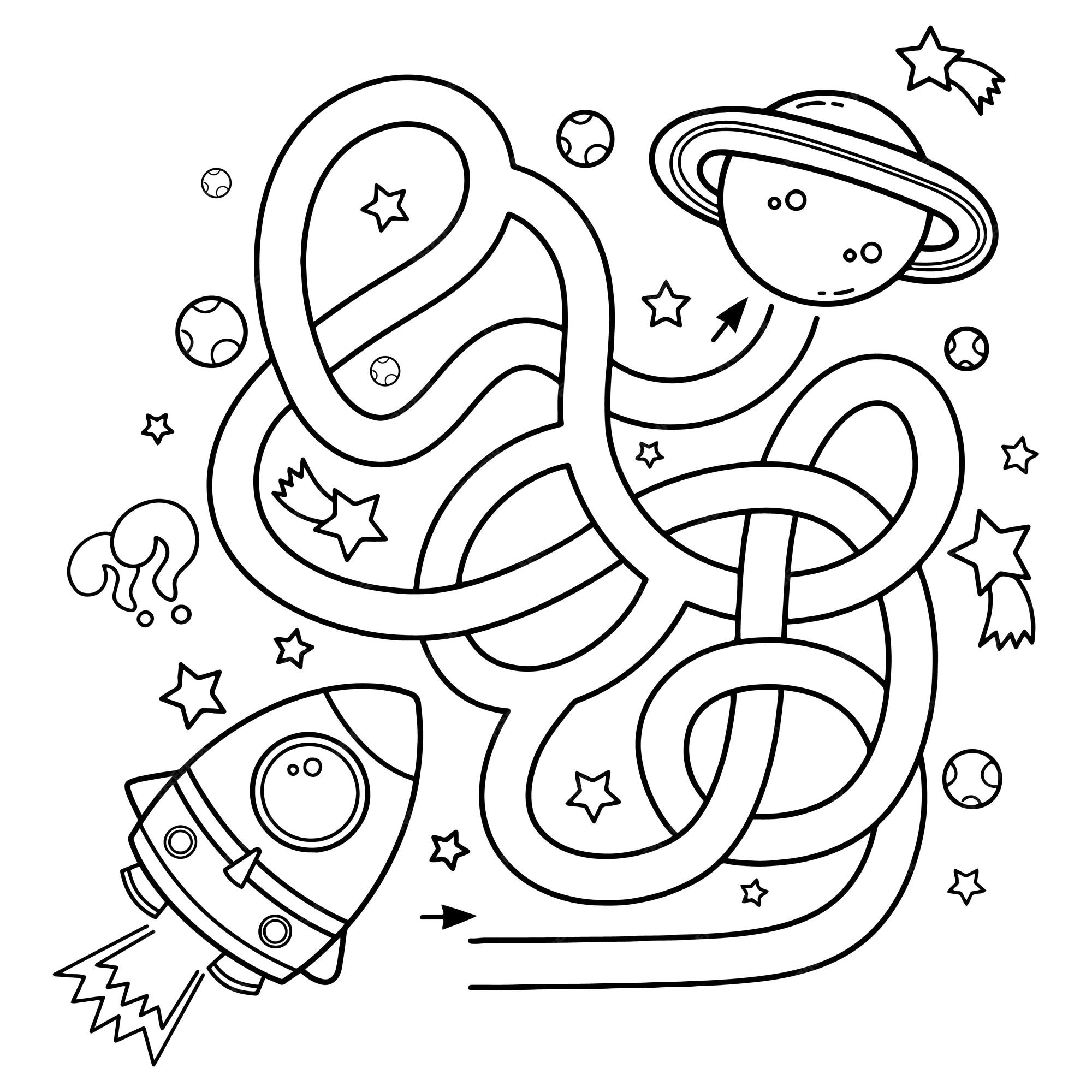 Premium vector puzzle tangled road coloring page outline of cartoon rocket in space coloring book for kids