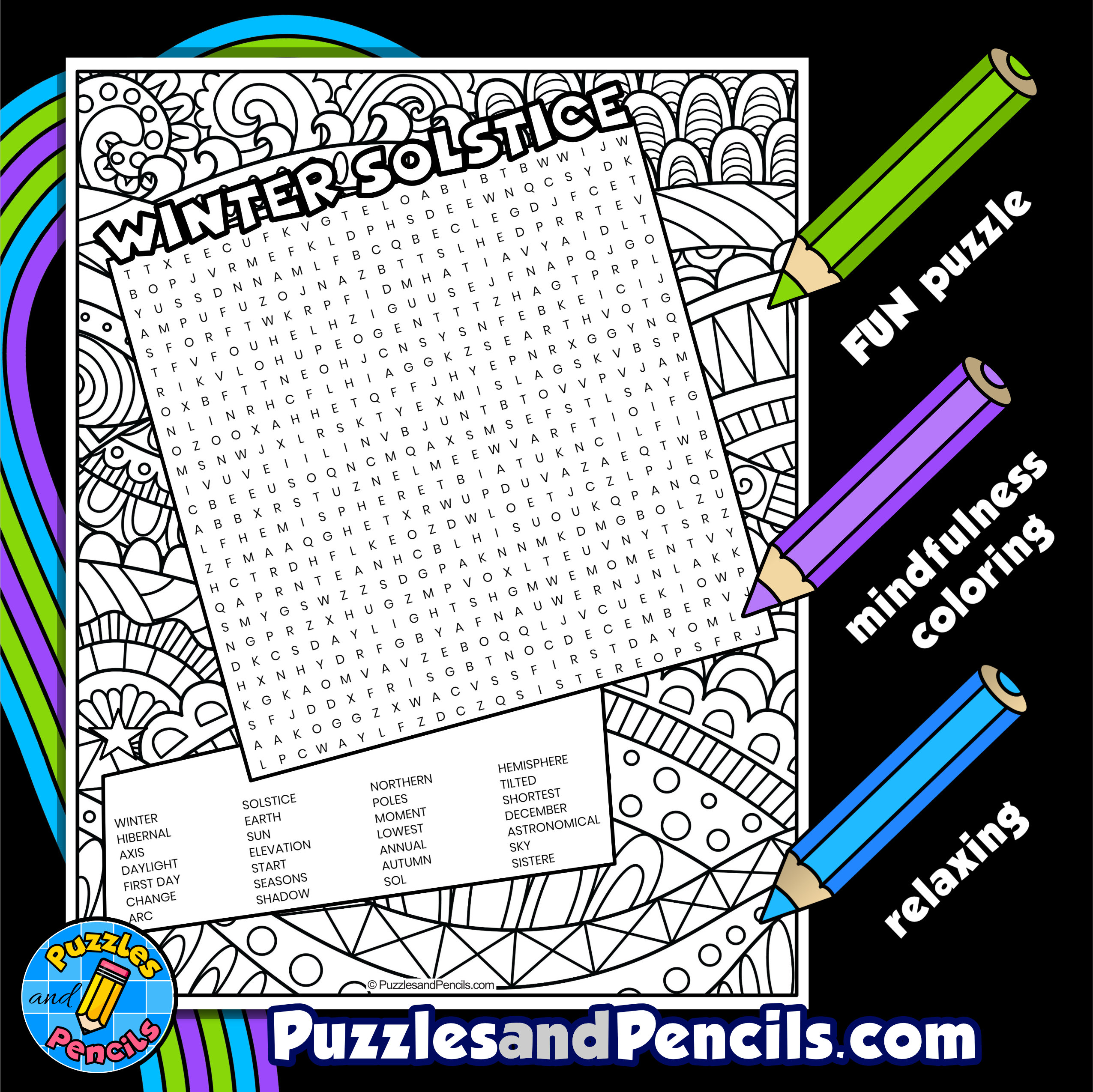 Winter solstice word search puzzle activity page with coloring made by teachers