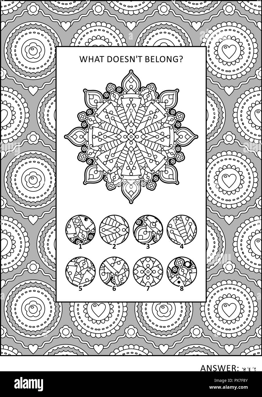 Puzzle and coloring activity page with visual logic puzzle and wide decorative frame to color answer included stock vector image art
