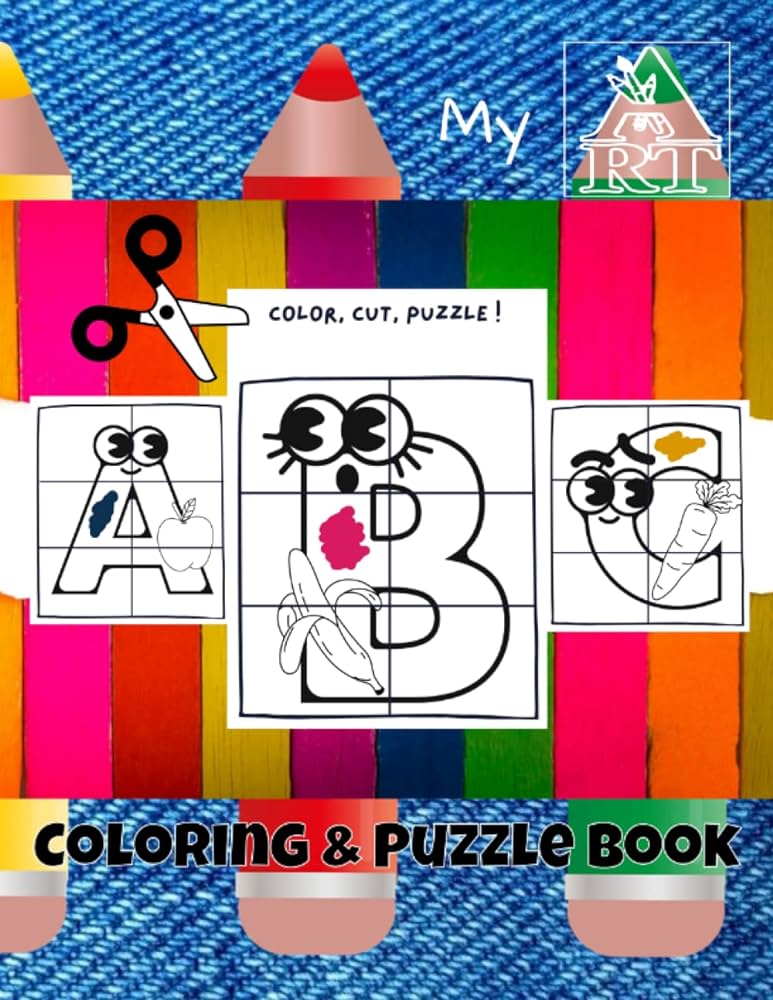 Coloring puzzle book my art color cut puzzle x pages for creativity abc learning with coloring puzzles coloring pages and fun for kids denim design featuring alphabet