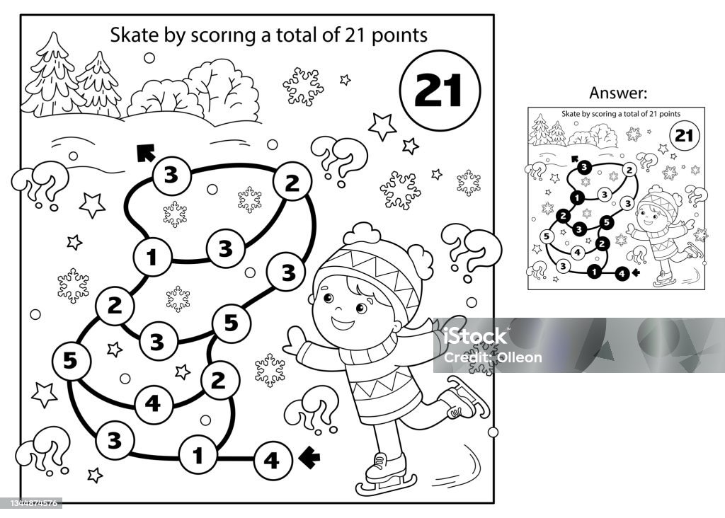 Math addition game puzzle for kids maze coloring page outline of cartoon girl skating winter sports coloring book for children stock illustration