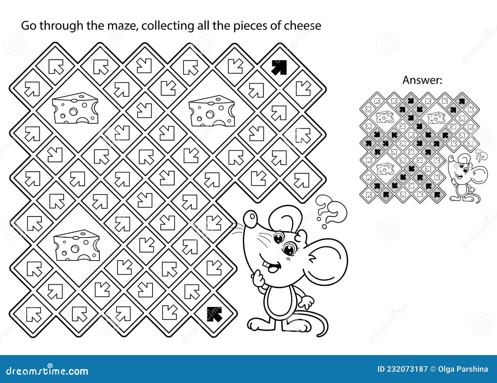 Maze or labyrinth game puzzle coloring page outline of cartoon fun mouse with cheese stock vector