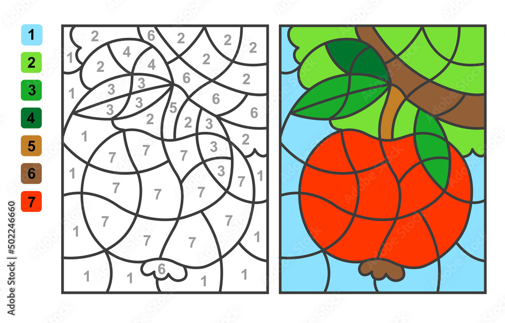 Vector coloring page color by numbers apple puzzle game for children education and activities vector