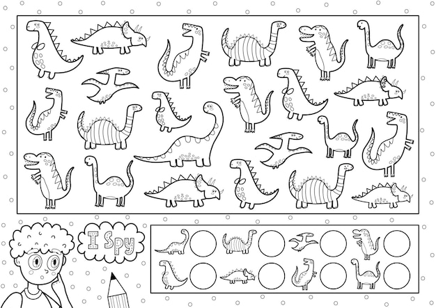 Premium vector i spy game coloring page for kids find and count cute dinosaurs search the same object black and white puzzle how many elements are there