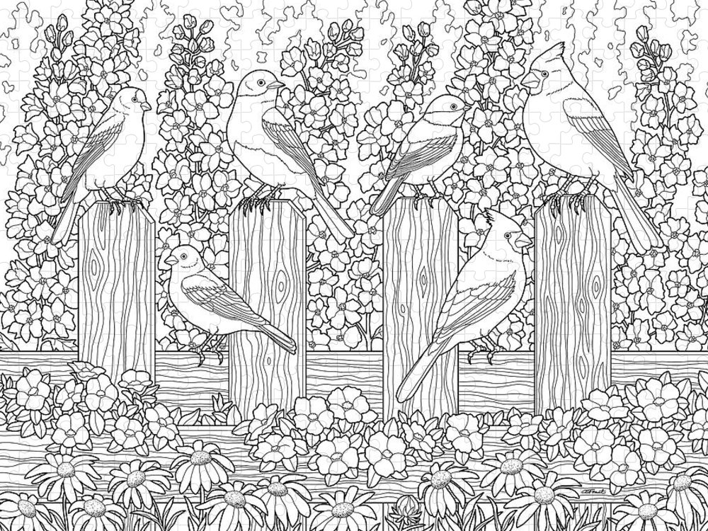 Birds in flower garden coloring page jigsaw puzzle by crista forest