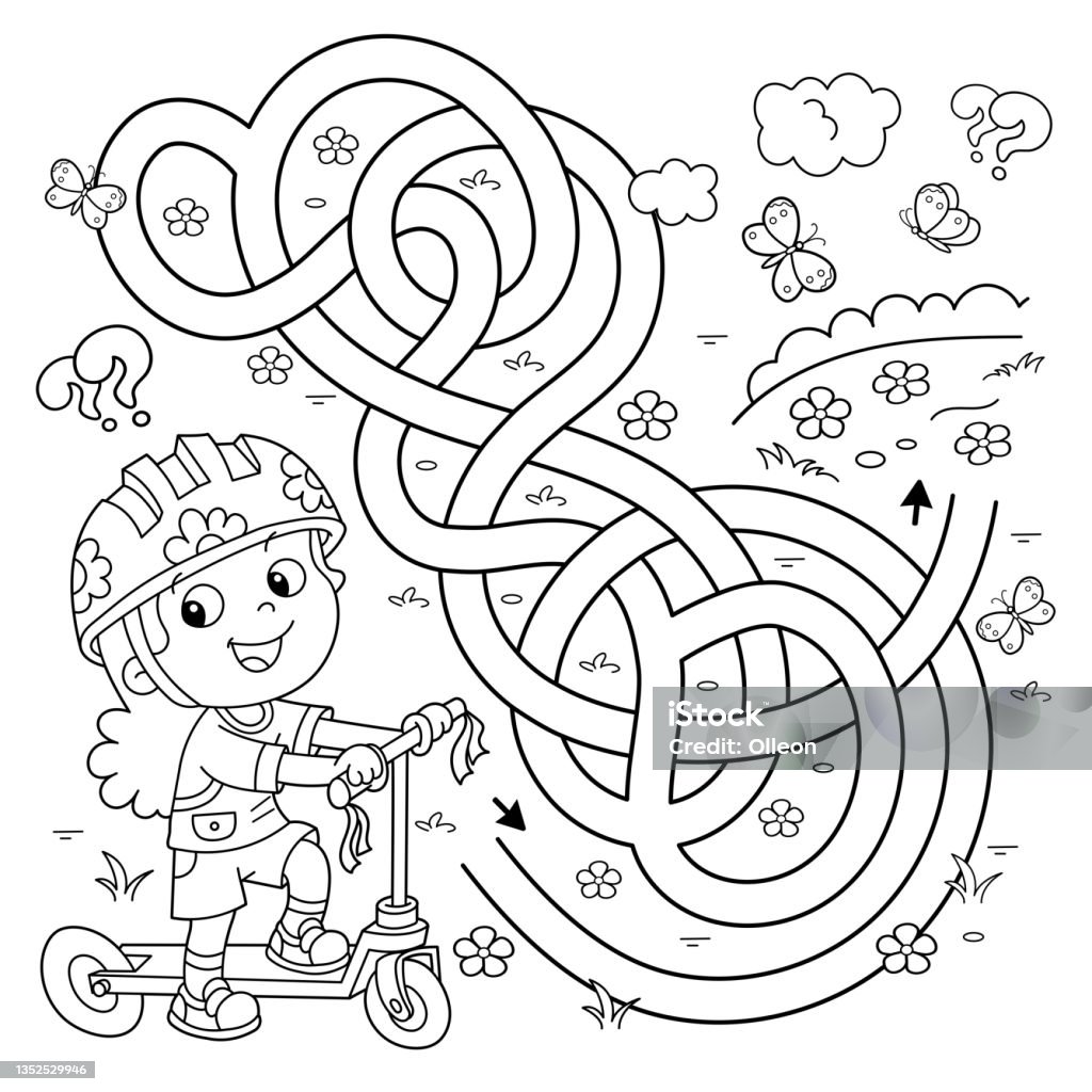 Maze or labyrinth game puzzle tangled road coloring page outline of cartoon girl with scooter sport activity coloring book for kids stock illustration