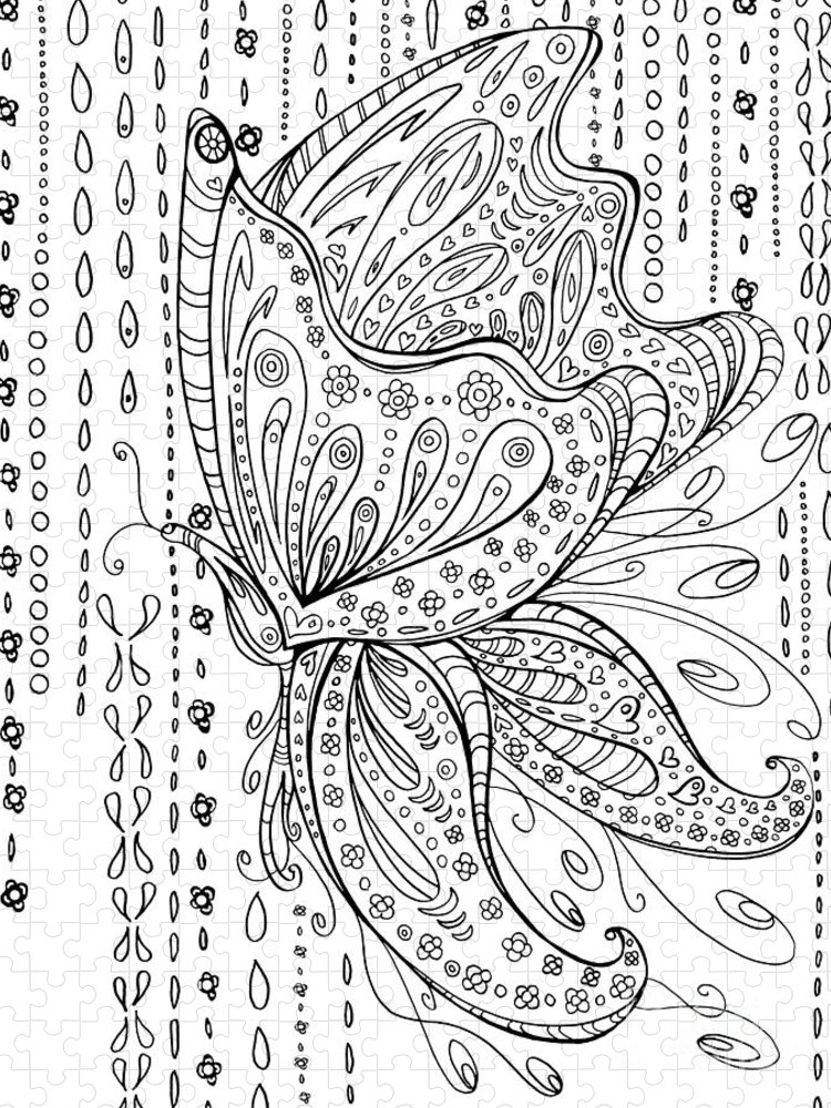Beautiful hand drawn butterfly black and white coloring page by meganaroon jigsaw puzzle by megan aroon