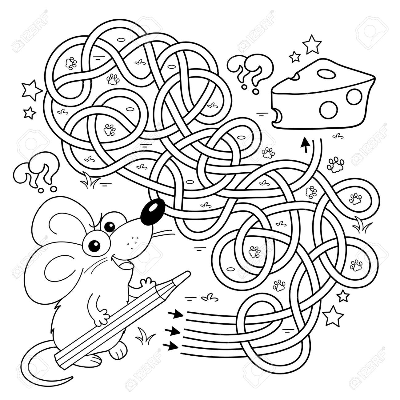 Maze or labyrinth game puzzle tangled road coloring page outline of cartoon fun mouse with cheese coloring book for kids royalty free svg cliparts vectors and stock illustration image