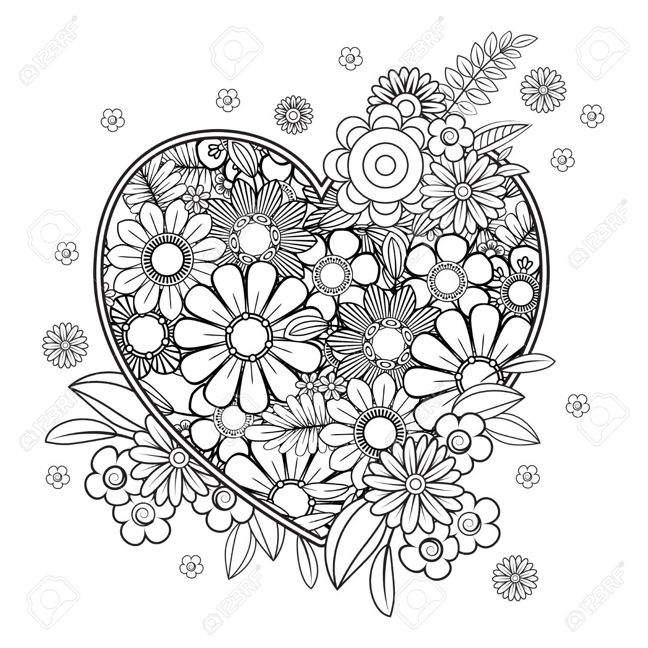 Heart with floral pattern valentines day adult coloring page vector illustration isolated on white background royalty free svg cliparts vectors and stock illustration image