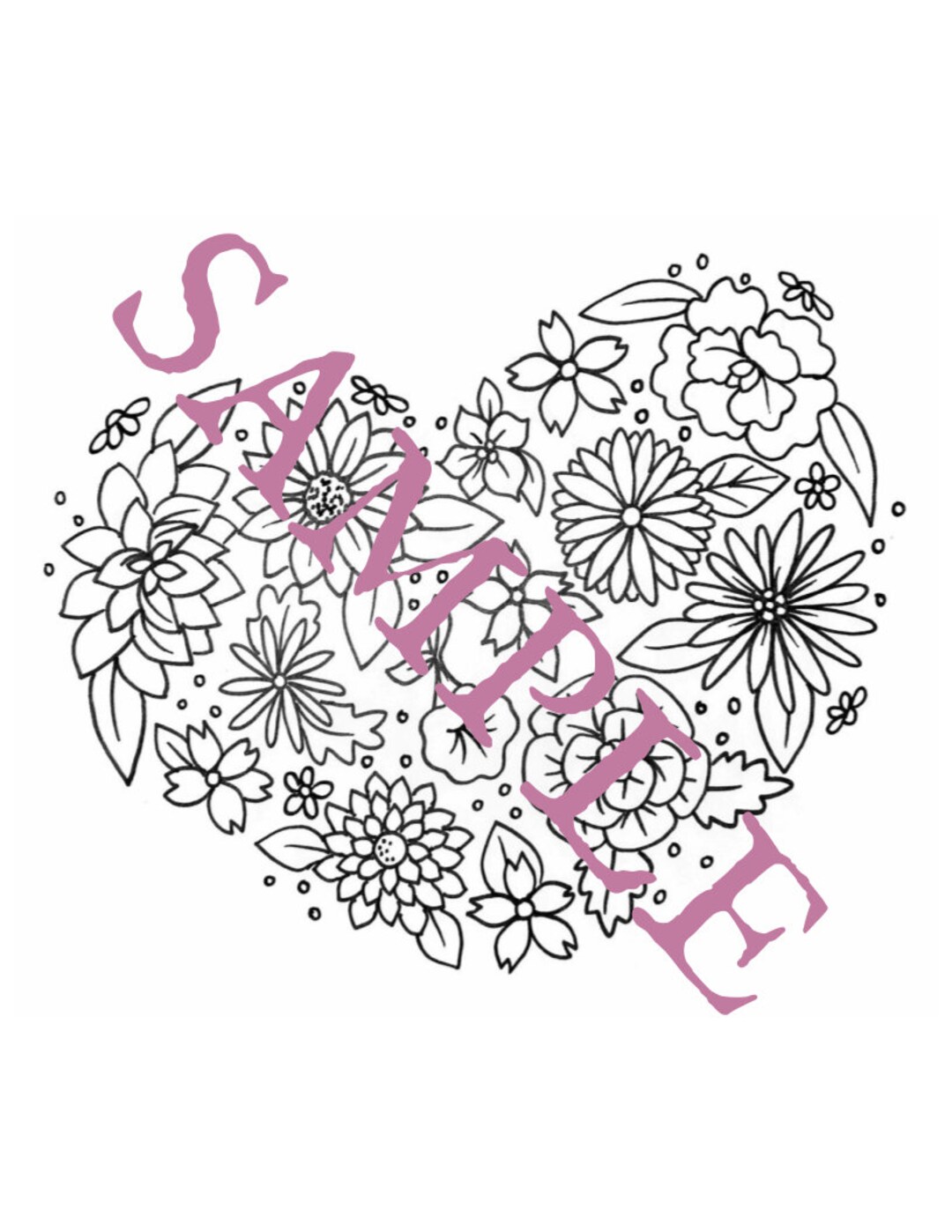 Floral heart coloring page full and quarter size