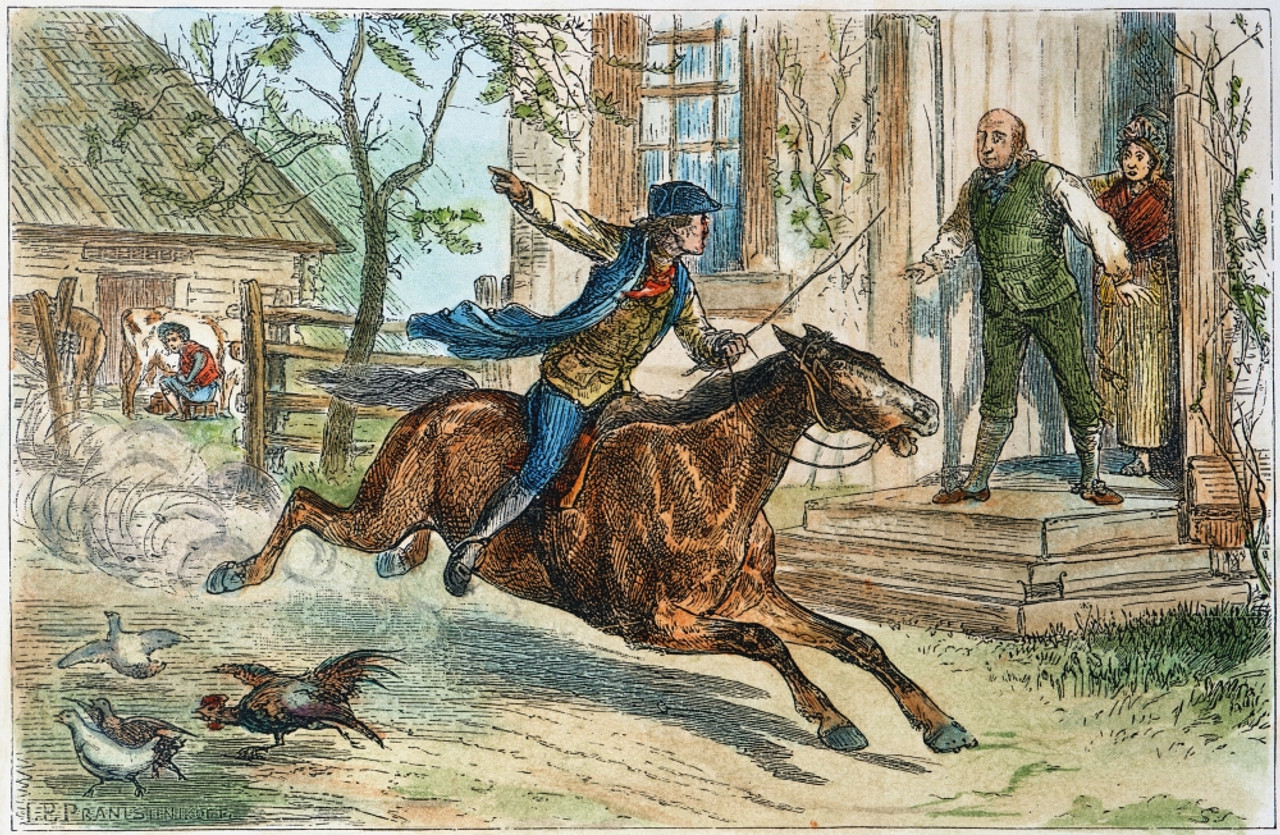 Paul reveres ride nfrom boston to lexington april color engraving th century poster print by granger collection