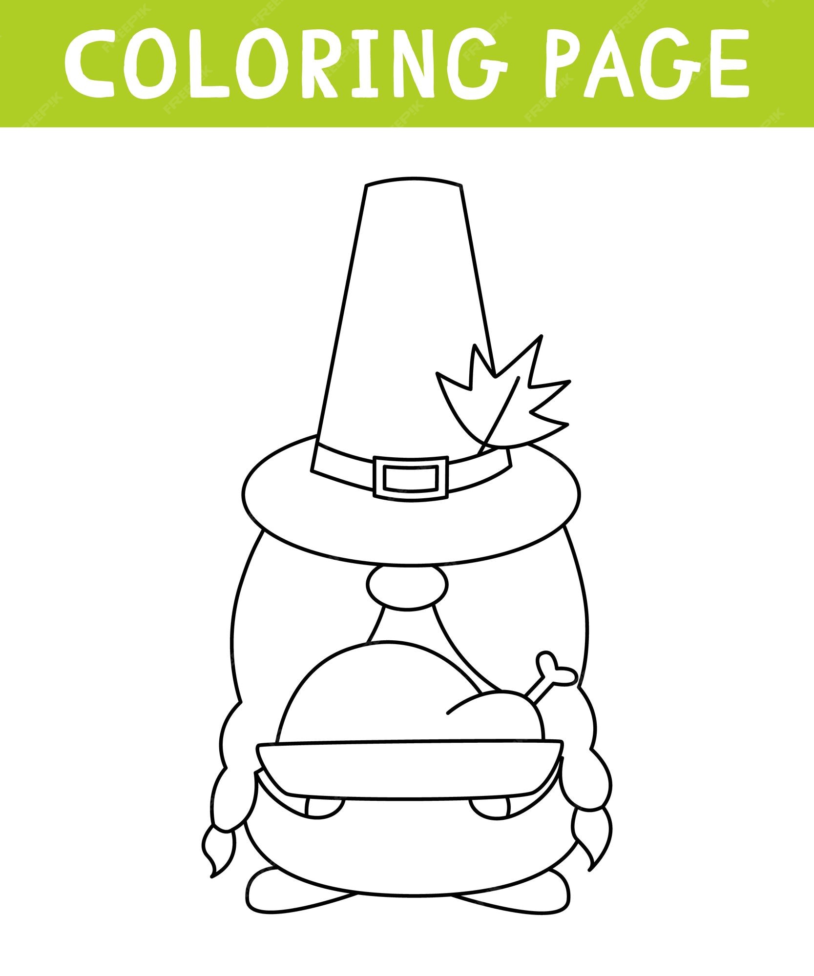 Lindo gnomo con pavo pãgina para colorear dãa de acciãn de gracias hoja de trabajo imprimible con soluciãn vector premium