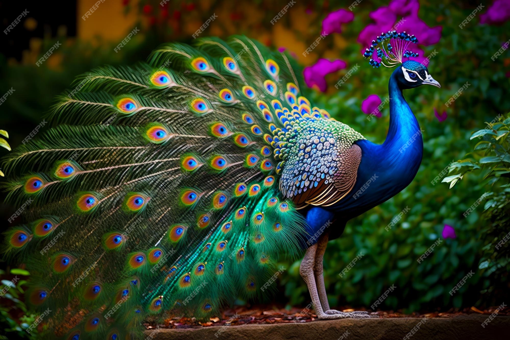 Pavo real con sus plumas extendidas de pie frente a un arbusto con flor de color pãºrpura ia generativa foto premium