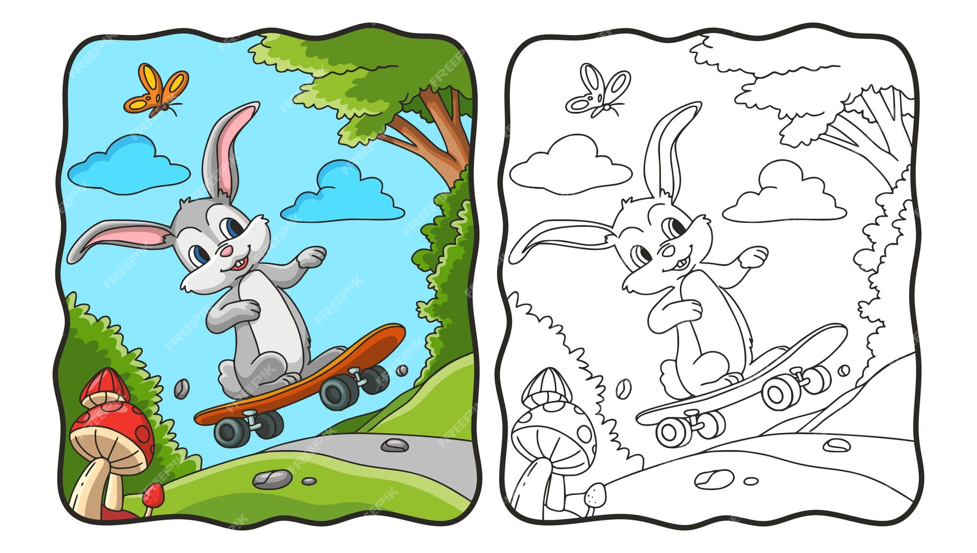 Premium vector cartoon illustration rabbit skateboarding coloring book or page for kids