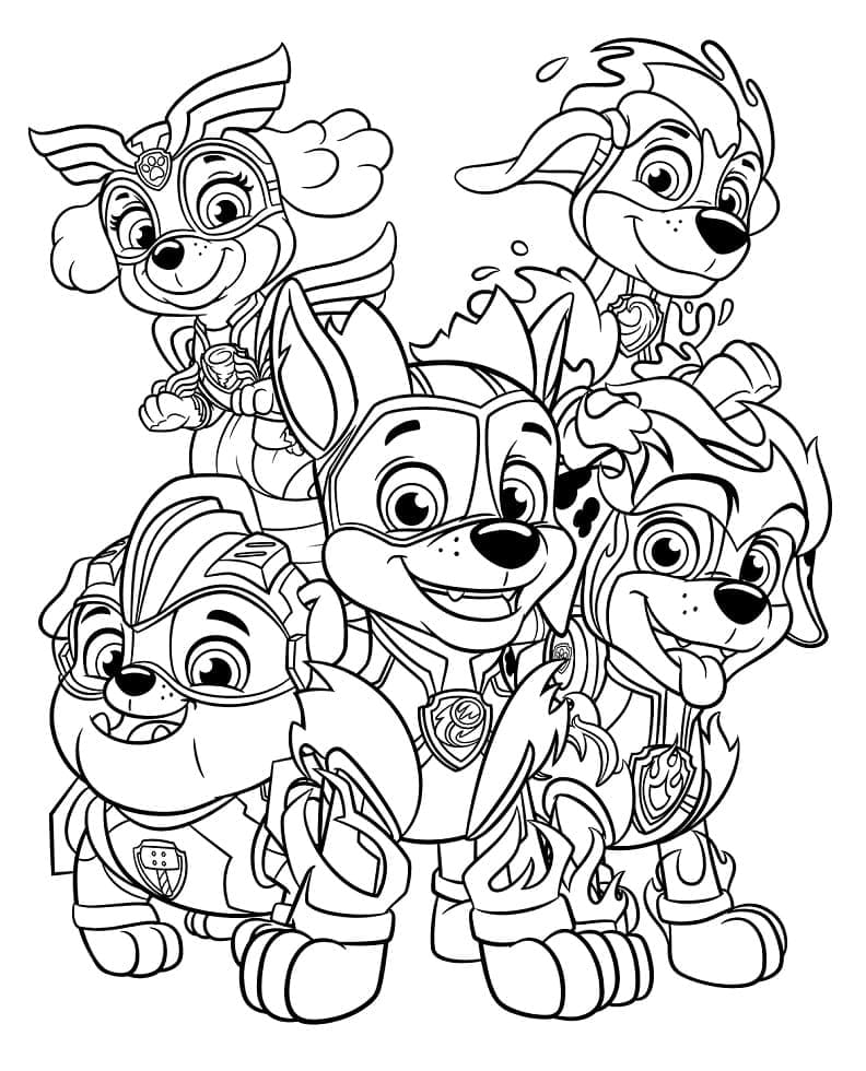 Characters from paw patrol mighty pups coloring page