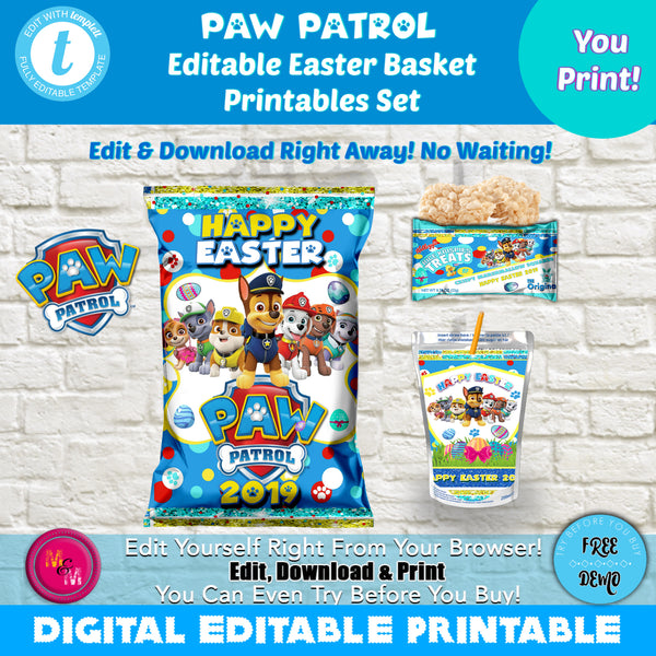 Editable pup party easter easter chip bag juice pouch label set pup â mugmouse designs