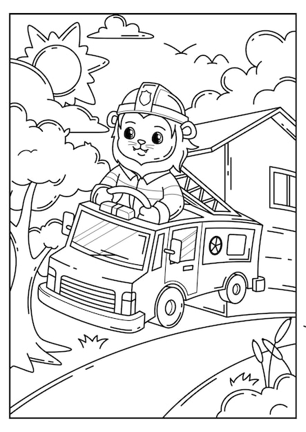 Premium vector handdrawn doodle coloring book cute lion being a firefighter driving a fire truck
