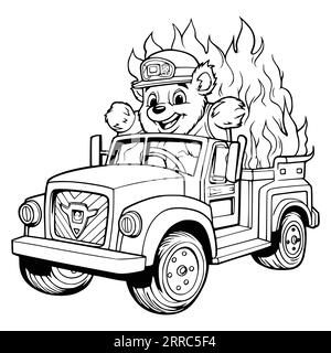 Bear driving firetruck coloring page for kids stock vector image art