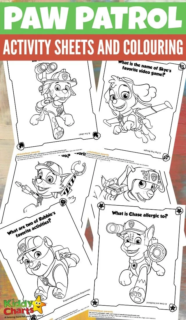 Paw patrol activity sheets and colouring game on