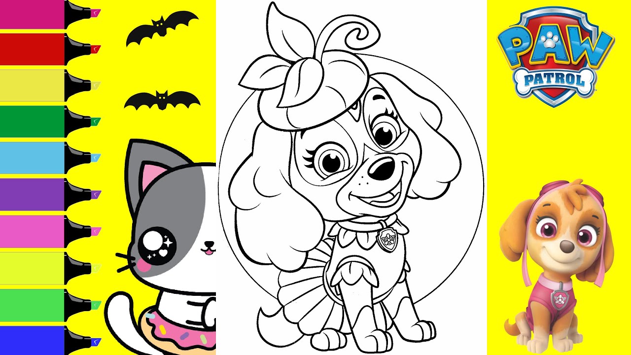 Coloring paw patrol skye halloween pupkin costue coloring book page sprinkled donuts jr