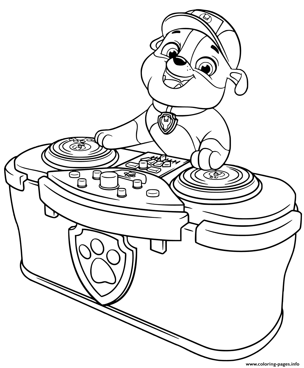 Paw patrol lets play dj rubble coloring page printable