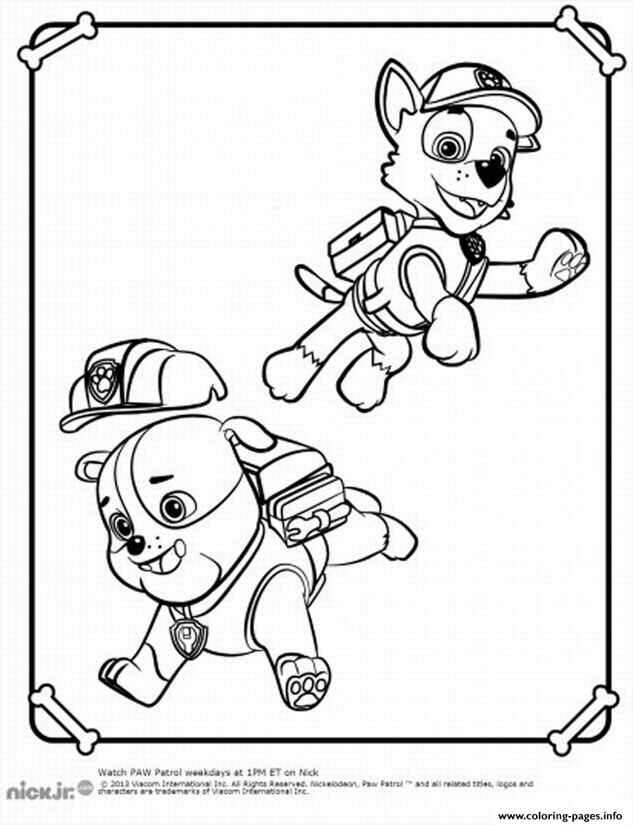 Paw patrol rubble playing with rocky coloring page printable