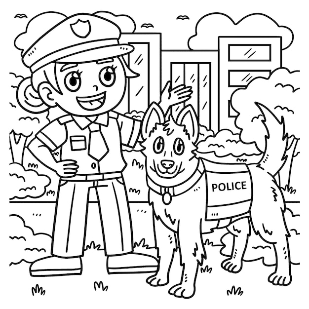 Premium vector police officer and police dog coloring page